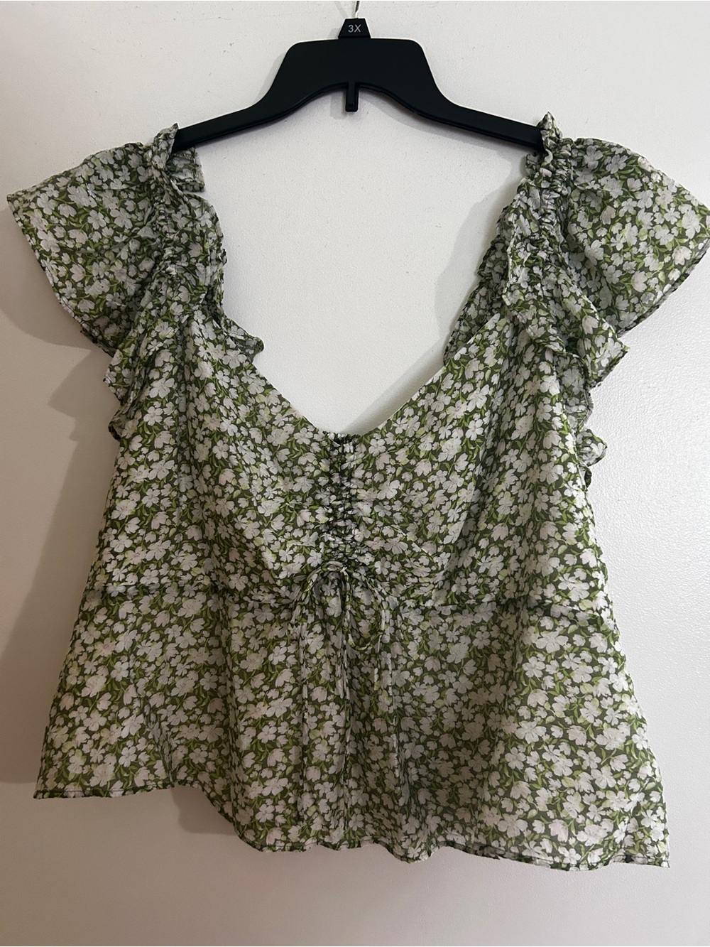 Old Navy Olive Green Floral Ruffle Tie-Front Blouse